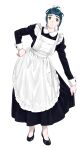  1girl absurdres alternate_costume alternate_hairstyle apron black_dress bun_cover dress enmaided facing_viewer frilled_apron frills full_body green_eyes green_hair hair_bun highres irako_(kancolle) kantai_collection leaning_to_the_side long_hair maid maid_apron ojipon sideways_glance simple_background solo standing white_apron white_background 