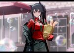  1girl a.a_(aa772) animal_ears arknights bag baguette bangs black_hair black_jacket black_neckwear black_pants blurry blurry_background bottle bread collared_shirt commentary_request day depth_of_field diagonal-striped_neckwear diagonal_stripes food gloves hair_between_eyes hand_in_pocket holding holding_bag jacket letterboxed long_hair long_sleeves looking_at_viewer necktie off_shoulder open_clothes open_jacket outdoors pants paper_bag red_eyes red_gloves red_shirt shirt side_ponytail solo striped striped_neckwear texas_(arknights) vertical-striped_pants vertical_stripes 