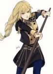  1girl absurdres black_skirt blonde_hair blue_legwear braid braided_ponytail dress epaulettes fire_emblem fire_emblem:_three_houses garreg_mach_monastery_uniform green_eyes highres ingrid_brandl_galatea long_hair pantyhose polearm roru_(lol_dessin) serious signature single_braid skirt solo spear weapon 