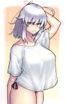  1girl ahoge alternate_costume bangs black_panties breasts fate/grand_order fate_(series) highres ishibori_eregomos jeanne_d&#039;arc_(alter)_(fate) jeanne_d&#039;arc_(fate)_(all) large_breasts panties shirt short_hair short_sleeves side-tie_panties silver_hair solo string_panties underwear white_shirt yellow_eyes 