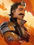  1boy ammunition_belt apex_legends artist_name black_hair black_jacket bullet cropped_torso explosive facial_hair fuse_(apex_legends) grenade highres iwamoto_zerogo jacket jewelry looking_at_viewer male_focus mechanical_arms multicolored_hair mustache necklace single_mechanical_arm sleeveless sleeveless_jacket smile solo streaked_hair upper_body white_hair 