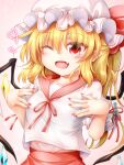  1girl flandre_scarlet hand_on_own_chest hands_up hat marukyuu_ameya multicolored multicolored_wings one_eye_closed open_mouth pink_background pink_nails pink_ribbon pink_skirt red_ribbon ribbon sailor_collar skirt smile solo touhou white_headwear wings 