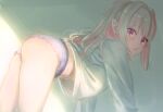  1girl :o artist_request ass bent_over child eyebrows_visible_through_hair grey_hair hair_down highres light long_hair looking_at_viewer looking_back makaino_ririmu multicolored_hair navel nijisanji no_pants panties pink_hair pointy_ears red_eyes sabamen solo sunlight sweater swimsuit two-tone_hair underwear virtual_youtuber white_swimsuit 