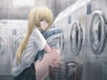  1girl black_shorts blonde_hair doll_hug ebiry_fy greyscale highres indoors laundromat laundry laundry_basket legs long_hair looking_at_viewer monochrome open_mouth original shirt shorts solo squatting stuffed_animal stuffed_shark stuffed_toy thighs washing_machine white_shirt 