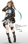  1girl blue_eyes breasts brown_hair girls_frontline gun h&amp;k_mp7 high_ponytail highres kneehighs large_breasts long_hair original pandea_work solo submachine_gun suppressor very_long_hair weapon 