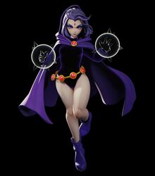  1girl bare_legs belt cape furrowed_eyebrows highres leotard looking_at_viewer purple_cape purple_footwear purple_hair purple_hood purple_leotard raven_(dc) teen_titans violet_eyes zaphk 