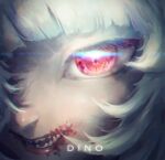  1girl absurdres artist_name bangs blood blood_on_face close-up dino_(dinoartforame) gawr_gura highres hololive hololive_english nose open_mouth red_eyes sharp_teeth shiny silver_hair smile solo teeth virtual_youtuber 