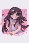  1girl apron bandages bandaid bandaid_on_face bangs black_hair blush character_name closed_mouth collared_shirt commentary_request crying crying_with_eyes_open dangan_ronpa_(series) dangan_ronpa_2:_goodbye_despair grey_apron hair_ornament hand_up heart highres kara_aren long_hair looking_at_viewer messy_hair pink_background pink_eyes pink_shirt puffy_short_sleeves puffy_sleeves shirt short_sleeves solo tears tsumiki_mikan upper_body white_background x_hair_ornament 