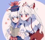  2girls ? blue_dress blue_headwear book bow commentary_request dress flower fujiwara_no_mokou hair_bow hand_in_pocket hat holding holding_book itomugi-kun kamishirasawa_keine long_hair multicolored_hair multiple_girls open_mouth pants reading red_bow red_eyes red_pants shirt short_sleeves smile suspenders torn_clothes torn_sleeves touhou two-tone_hair white_bow white_hair white_shirt 