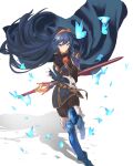  1girl armor artist_request blue_eyes blue_hair blush bug butterfly cape falchion_(fire_emblem) fingerless_gloves fire_emblem fire_emblem_awakening full_body gloves hair_between_eyes hair_ornament highres insect long_hair looking_at_viewer lucina_(fire_emblem) simple_background solo sword tiara weapon 