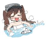  1girl :d bangs blush_stickers brown_hair choko_(cup) closed_eyes cup eyebrows_visible_through_hair fang kantai_collection lakilolom long_hair naked_towel onsen open_mouth partially_submerged ryuujou_(kancolle) smile solo tokkuri towel tray twintails visor_cap water white_background 