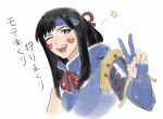  1girl armor bangs black_hair blush eyebrows_visible_through_hair gloves hair_between_eyes hair_ornament headband japanese_clothes kamura_(armor) long_hair looking_at_viewer monster_hunter_(series) monster_hunter_rise open_mouth simple_background solo soramame_(corndog) 