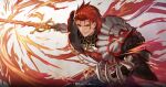  1boy absurdres armor clawed_gauntlets commentary_request eyes_visible_through_hair fire gauntlets granblue_fantasy hair_slicked_back highres holding holding_sword holding_weapon injury looking_at_viewer male_focus outstretched_arm pauldrons percival_(granblue_fantasy) red_eyes redhead saku_(sakudeji) shoulder_armor smile solo subtitled sword translation_request weapon 