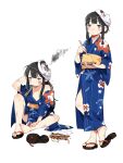  1girl :t alternate_costume bangs black_hair blush chopsticks d.y.x. eating floral_print food highres holding holding_chopsticks japanese_clothes kantai_collection kimono kitakami_(kancolle) long_hair mask mask_on_head mouth_hold multiple_views noodles obi sandals sash sidelocks simple_background sitting smoke standing sweat torn_clothes violet_eyes white_background wide_sleeves yukata 