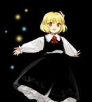  1girl ascot black_background black_skirt blonde_hair blouse bow bowtie cravat darkness dress_shirt floating flying hair_bow hair_ribbon kaigen_1025 long_sleeves necktie outstretched_arms red_bow red_eyes red_neckwear red_ribbon ribbon rumia shirt short_hair skirt spread_arms touhou vest white_blouse white_shirt wing_collar 