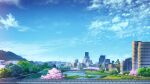  absurdres blue_sky bridge building canal cherry_blossoms city city_lights clouds day highres hill landscape no_humans original outdoors railing river road scenery sky skyline skyscraper smile_(qd4nsvik) tree 