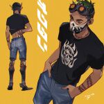  1boy apex_legends arm_tattoo black_shirt brown_eyes denim denim_shorts goggles goggles_on_head green_hair hands_in_pockets highres iwamoto_zerogo looking_down male_focus mask mechanical_legs mouth_mask multiple_views neck_tattoo octane_(apex_legends) science_fiction shirt shorts tattoo undercut yellow_background 