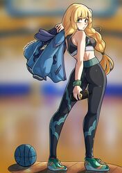  1girl ass ball basketball blonde_hair braid breasts fire_emblem fire_emblem:_three_houses full_body green_eyes gym_uniform highres holding ingrid_brandl_galatea jacket kinkymation long_hair open_mouth shoes simple_background sneakers solo sportswear uniform 