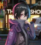  1girl ahoge alternate_costume black_hair blurry blurry_background breasts car city covered_mouth grey_sweater ground_vehicle hair_between_eyes hand_up highres houjuu_nue jacket long_sleeves looking_at_viewer medium_breasts motor_vehicle night outdoors purple_jacket red_eyes short_hair sideways_glance solo storefront sweater touhou turtleneck upper_body yaye 