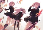  3girls artoria_pendragon_(all) bangs black_legwear black_serafuku black_skirt fate/grand_order fate_(series) flag hair_ribbon hairband highres holding holding_flag holding_sword holding_weapon jeanne_d&#039;arc_(alter)_(fate) jeanne_d&#039;arc_(fate)_(all) leaf long_hair looking_at_viewer looking_back maple_leaf multiple_girls okita_souji_(alter)_(fate) okita_souji_(fate)_(all) ponytail ribbon saber_alter school_uniform serafuku short_hair silver_hair skirt sword thigh-highs tsuyukusa_(eeta7273) weapon white_background yellow_eyes 