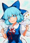  bangs blue_bow blue_dress blue_eyes blue_hair bow cirno dress eyebrows_visible_through_hair food hands_up ice ice_cream ice_wings open_mouth qqqrinkappp red_ribbon ribbon short_hair smile solo touhou traditional_media wings 