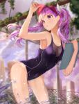  1girl absurdres blue_swimsuit blurry breasts chain-link_fence clipboard commentary_request covered_navel depth_of_field fence highres leaning_forward long_hair looking_back new_school_swimsuit original purple_hair red_eyes red_headwear rei_(farta_litia) school_swimsuit small_breasts solo splashing standing swimsuit twintails visor_cap 