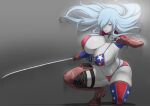  1girl american_flag_bikini american_flag_footwear ass ass_visible_through_thighs aster_crowley asymmetrical_footwear belly bikini black_legwear blue_eyes blurry blurry_background boots bouncing_breasts breasts brown_footwear brown_gloves closed_mouth collar colored_skin cosplay covered_nipples elbow_gloves fate/grand_order fate_(series) fingerless_gloves flag_print floating_hair front-tie_bikini front-tie_top gigantic_breasts gloves grey_background hair_over_one_eye hand_up hataraku_saibou hataraku_saibou_black highres holding holding_sword holding_weapon katana leather leather_boots leather_gloves light light_blue_hair light_particles lips looking_at_viewer miyamoto_musashi_(fate) miyamoto_musashi_(fate)_(cosplay) navel open_hand serious shadow shiny shiny_clothes shiny_footwear shrug_(clothing) sidelocks simple_background single_thighhigh skindentation solo squatting string_bikini striped swimsuit sword thick_thighs thigh-highs thigh_boots thigh_strap thighs u-1196 vertical-striped_bikini vertical_stripes weapon white_blood_cell_(hataraku_saibou) white_skin 