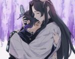  2girls bangs black_hair bug butterfly butterfly_hair_ornament closed_eyes gakuran hair_ornament haori highres hug insect japanese_clothes kimetsu_no_yaiba kochou_kanae kochou_shinobu long_hair multicolored_hair multiple_girls parted_bangs pink_butterfly purple_butterfly purple_hair roru_(lol_dessin) school_uniform short_hair siblings sisters smile streaked_hair tears two-tone_hair wide_sleeves 