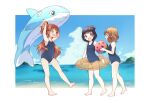  3girls arms_up ball bangs barefoot beach beachball black_hair black_swimsuit blue_sky blurry blurry_background brown_eyes brown_hair clouds cloudy_sky covered_navel day depth_of_field english_commentary eyebrows_visible_through_hair hair_bobbles hair_ornament holding holding_ball holding_innertube horizon idolmaster idolmaster_million_live! inflatable_orca inflatable_toy innertube looking_at_another looking_back multiple_girls nakatani_iku ocean one-piece_swimsuit one_side_up oogami_tamaki open_mouth outdoors outside_border short_hair sky smile standing standing_on_one_leg suou_momoko swimsuit toma_(shinozaki) watermelon_beachball 