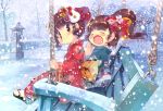  bench blush brown_hair hair_accessory hair_ornament hanpen happy laugh laughing multiple_girls outdoors puus smile snow swing winter 