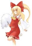  bad_id blonde_hair bow cosplay detached_sleeves gohei grin hair_bow hakurei_reimu hakurei_reimu_(cosplay) kirisame_marisa long_hair midriff ofuro_(artist) ofuro_(pixiv4010) ofuro_mantarou rough shide sketch smile solo touhou yellow_eyes 