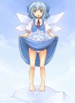  :o bad_id barefoot bow cirno dress frog frozen ice looking_down ofuro_(artist) ofuro_(pixiv4010) ofuro_mantarou open_mouth panties skirt_basket solo standing touhou underwear 