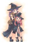  &gt;:) &gt;:d :d ankle_lace-up child cross-laced_footwear fantasy hand_on_hat hat kanzaki_hiro multiple_girls open_mouth original panties purple_eyes purple_hair red_eyes red_hair smile staff striped striped_panties underwear witch_hat 