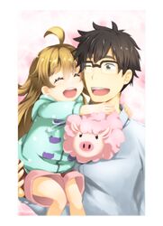  1boy 1girl ahoge amaama_to_inazuma bangs black_hair blonde_hair child closed_eyes coat father_and_daughter hair_between_eyes hellnyaa hug huge_ahoge inuzuka_kouhei inuzuka_tsumugi long_hair one_eye_closed open_mouth shirt short_hair shorts simple_background sitting sitting_on_person sketch smile stuffed_animal stuffed_toy toy upper_body 