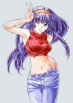  casual hairband jeans kidou_senkan_nadesico long_hair midriff misumaru_yurika purple_hair v wink 