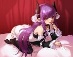  bed detached_sleeves finger_to_mouth fingernails gallico gyakushuu_3 horns kneeling long_fingernails long_hair mumu naughty_face pillow pointy_ears purple_hair red_eyes thigh-highs thighhighs 