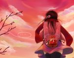  arms_behind arms_behind_back bad_id black_legwear brown_hair cloud clouds from_behind gift gloves long_hair original red_sky scarf sky solo sunset thighhighs usaki valentine zettai_ryouiki 