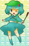  blue_hair chibi hair_bobbles hair_ornament hat kappa kawashiro_nitori key michii_yuuki midriff moriya_suwako navel smile touhou twintails 