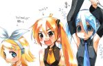  aqua_hair armpits bare_shoulders blonde_hair blue_eyes brown_eyes detached_sleeves grey_eyes hair_ornament hairclip hatsune_miku kagamine_rin long_hair necktie orange_hair side_ponytail spring_onion translated tsundere vocaloid yandere 