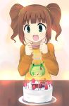  cake food fruit green_eyes happy idolmaster open_mouth otoutogimi pastry raglan_sleeves strawberry takatsuki_yayoi twintails yayoi_creature 