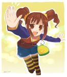  bag brown_eyes brown_hair denim_skirt foreshortening hands idolmaster noripachi open_mouth outstretched_arms raglan_sleeves short_twintails solo spread_arms striped striped_legwear takatsuki_yayoi thighhighs twintails 
