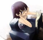  :p adjusting_glasses atahuta book brown_eyes brown_hair camisole chair glasses looking_at_viewer open_book seiza short_hair sitting solo tongue 