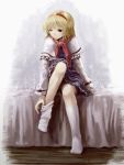  alice_margatroid arm_support bangs bed blonde_hair blue_dress blush capelet dress feet hyuuga_azuri indoors kneehighs necktie no_shoes on_bed short_hair sitting sock_pull socks solo straight_hair touhou upskirt wink 