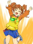  \o/ arms_up brown_hair closed_eyes idolmaster jumping michael outstretched_arms raglan_sleeves redhead skirt smile solo takatsuki_yayoi twintails 