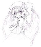  flandre_scarlet hands hat hijiki hijikini index_finger_raised monochrome pointing pointing_up remilia_scarlet short_hair side_ponytail smile solo touhou wings 