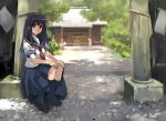  brown_eyes hands_on_knees long_hair matsumoto_noriyuki original school_uniform shrine sitting skirt 