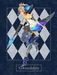  argyle argyle_background armor armored_dress blue_background character_name gwendolyn odin_sphere polearm sai_(medium) spear tanmomo thighhighs weapon 