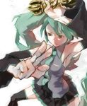  armpits face fighting_stance foreshortening hands hatsune_miku highres solo squat squatting thighhighs tomioka_jirou twintails vajra_(object) vocaloid 