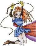  cape dragon_quest dragon_quest_vi dress elbow_gloves forehead gloves high_ponytail kneeling long_hair ponytail purple_eyes red_hair redhead violet_eyes whip 