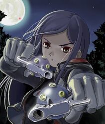  akimbo blue_hair dual_wielding girl gloves green_eyes gun handgun kuga_natsuki lowres mai_hime moon my-hime night pistol weapon 